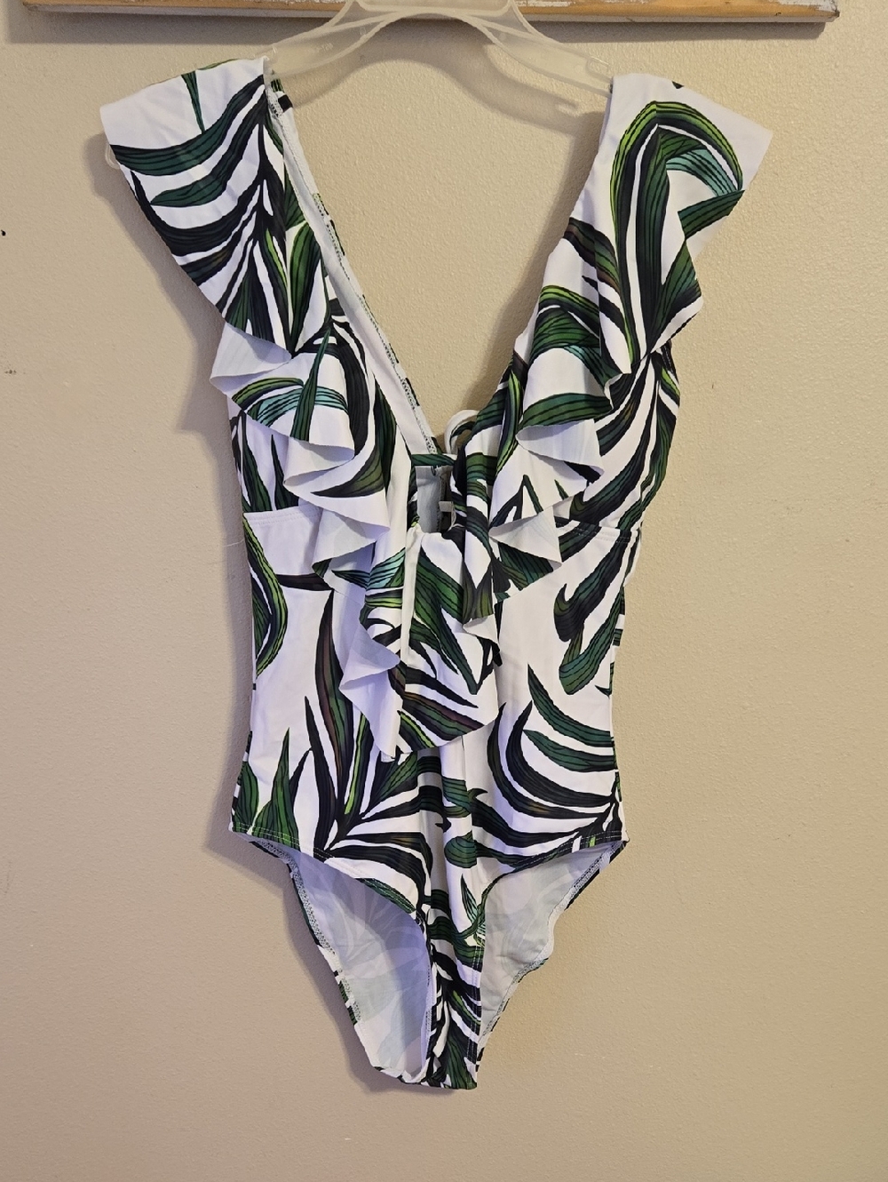 Sporlike One-Piece Swimsuit with Green Leaf Print and Ruffle V-Neck Sz M NWT